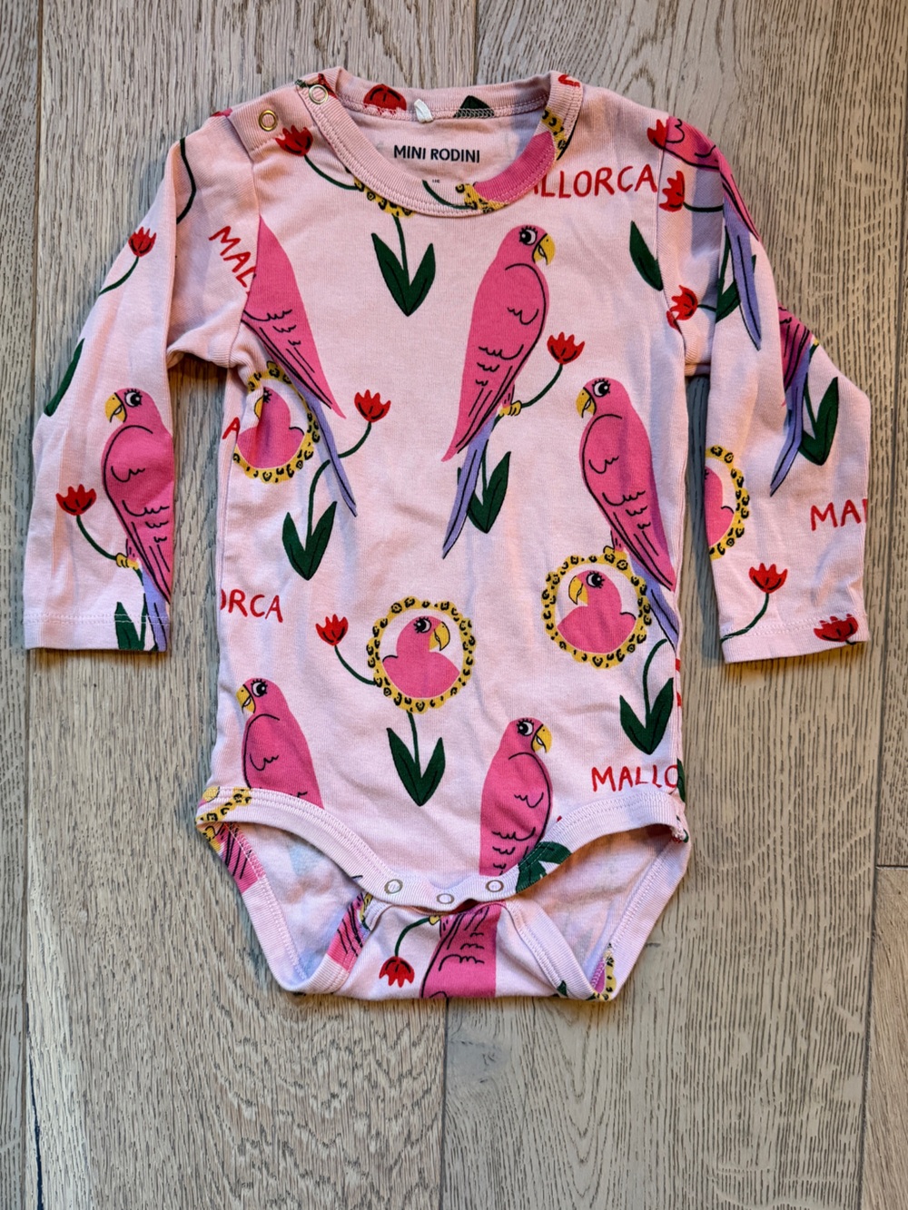 Mini Rodini Pink Parrot Mallorca Print Long-Sleeve Onesie